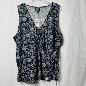 Bobeau Black and White Floral Print Sleeveless Blouse Faux Wrapped Front 2X